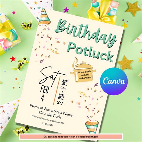 Birthday Potluck Invitation Template Birthday Party Potluck Invite ...