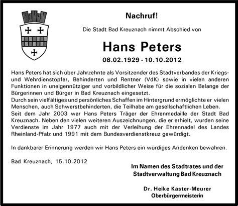 Traueranzeigen Von Hans Peters Rz Trauer De