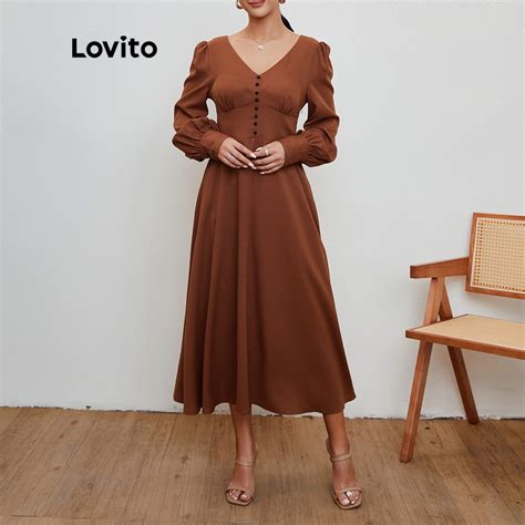 Lovito Plain V Neck Long Sleeve Ball Gown Dress L20d062 Brown