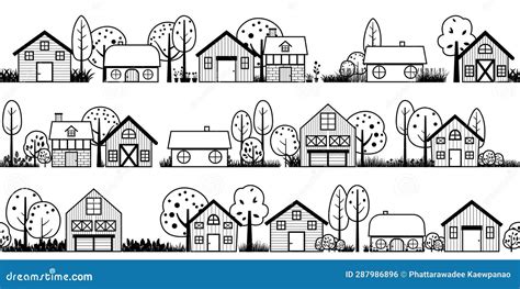 Neighborhood Silhouette Houses And Barn Outline Panoramic Landscape