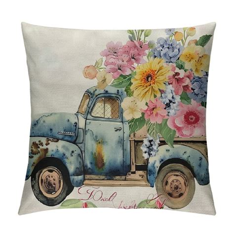 Fenyluxe Blue Truck Hydrangea Spring Throw Pillow Covers Pink Floral