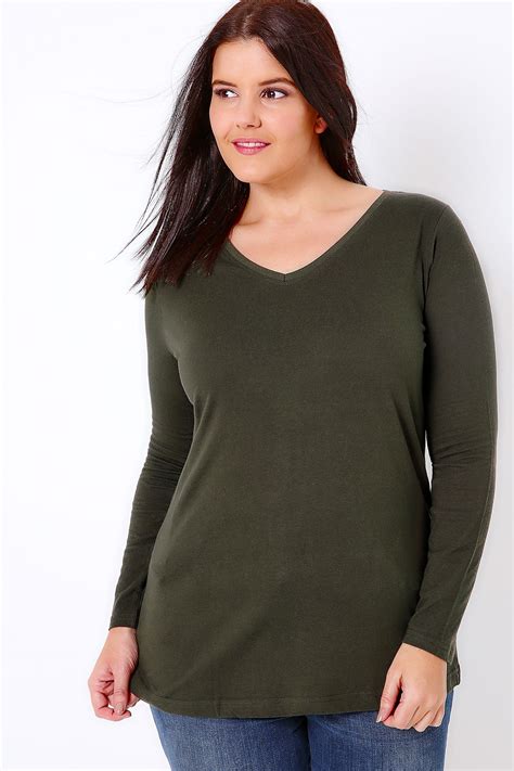 Khaki Long Sleeve V Neck Plain T Shirt Plus Size 16 To 36