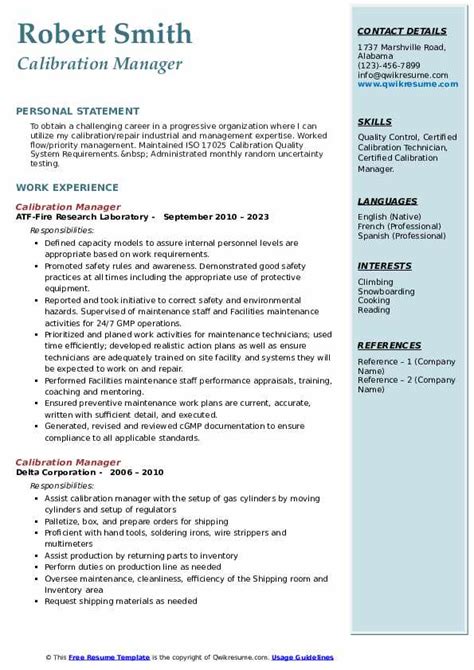 10 Calibration Manager Resume Samples Templates For 2025