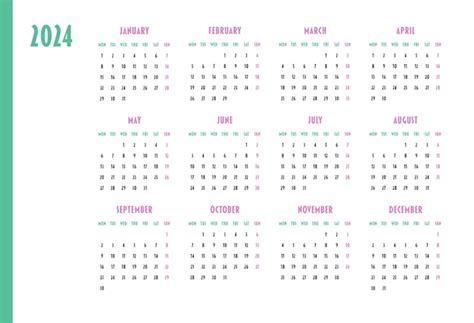 Kalender 2024 Jaar Week Begint Op Maandag Ontwerp Voor Planner