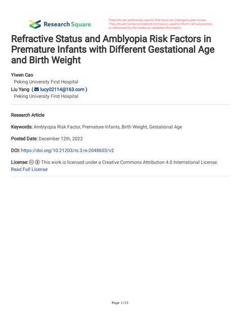 PDF Refractive Status And Amblyopia Risk Factors In Premature Infants