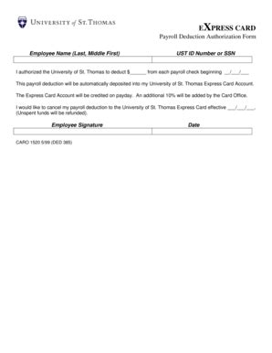 Fillable Online Stthomas Express Card Payroll Deduction Authorization