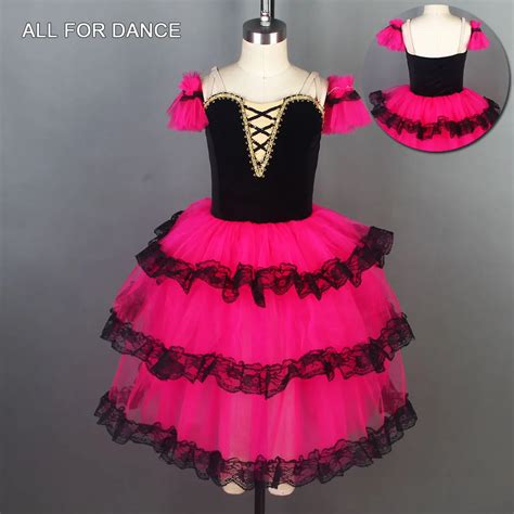 Tutú de Ballet largo español Top negro de terciopelo rosa y roja