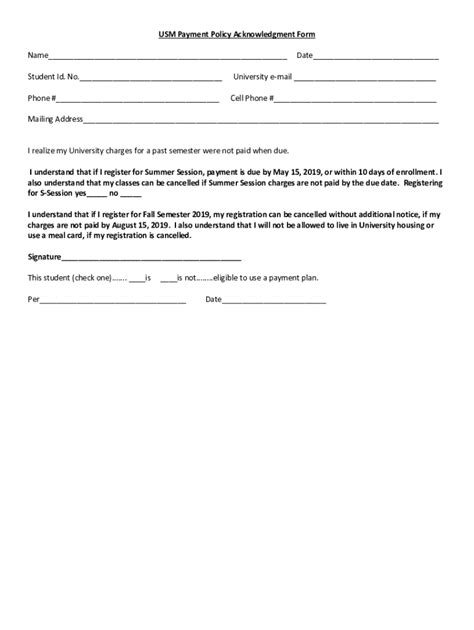 Fillable Online Usm Maine Usm Payment Policy Acknowledgement Form