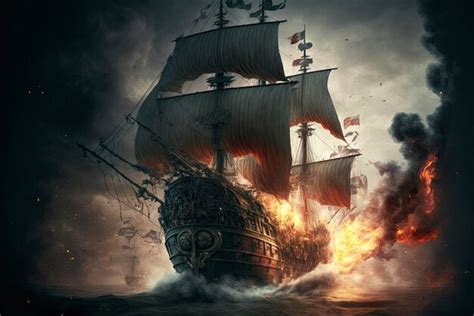 Premium Photo A Pirate Ship Sinking In A Battle With Cannon Fire And