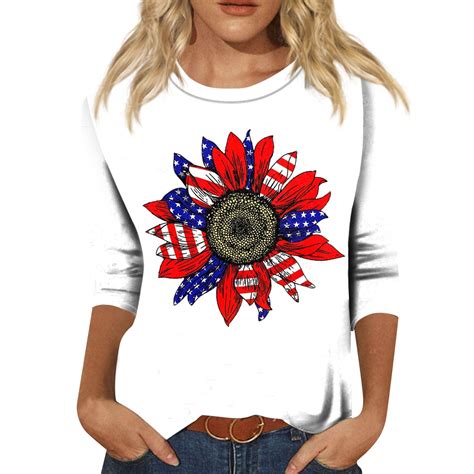 Wangxldd Star Stripes American Flag Shirt For Women 4th Of July 3 4 Sleeve Shirts Patriotic Tee