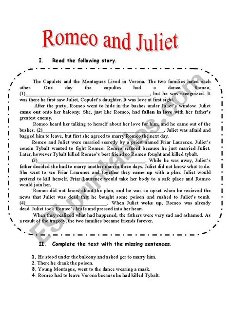 Romeo Juliet Worksheets