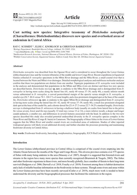 Integrative Taxonomy Of Distichodus Notospilus Characiformes