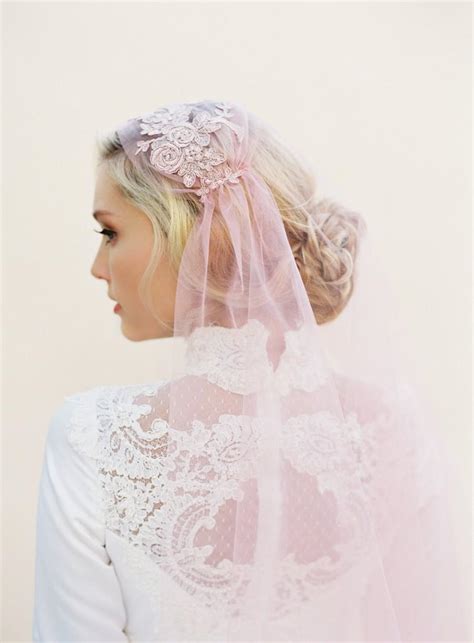 Pink Wedding Veil, Blush Veil, Lace Veil, Alencon Lace, Cap Wedding ...