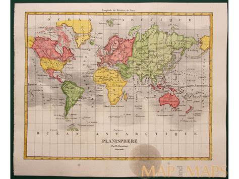 1840 Antique Plan Sphere World Map Asia America Africa