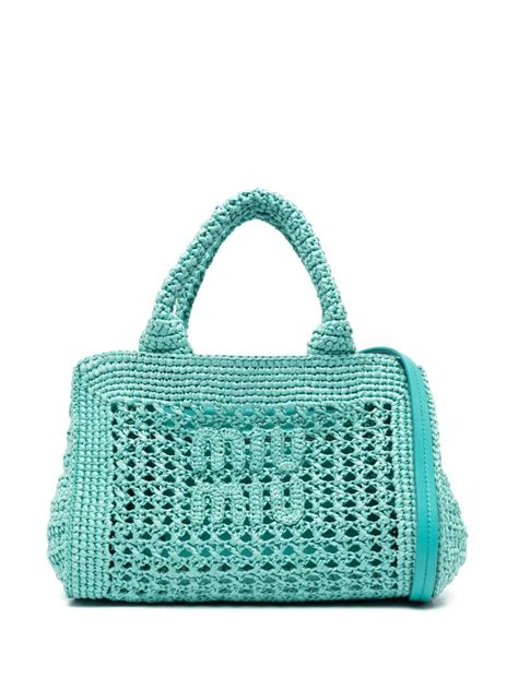 Miu Miu Crochet Knit Raffia Tote Bag Farfetch