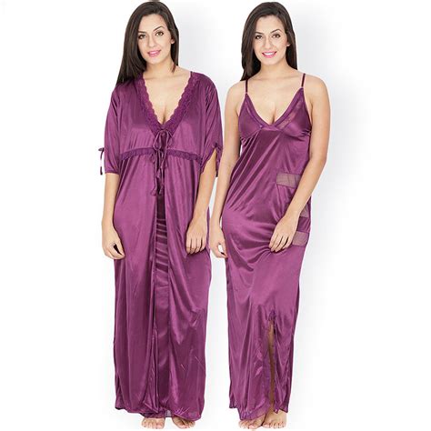 Secret Wish Women S Satin Purple Long Nighty With Robe Free Size Buy