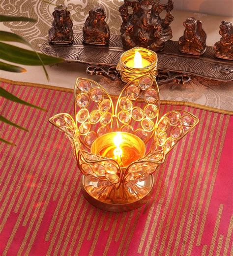 Buy Gold Brass Crystal Decorative Lotus Navratri Akhand Diyas Large By Heaven Decor Online