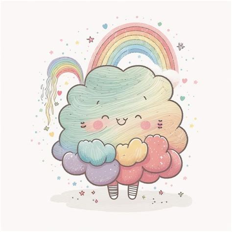 Hay Una Nube De Dibujos Animados Abrazando Una Nube De Arco Iris Con