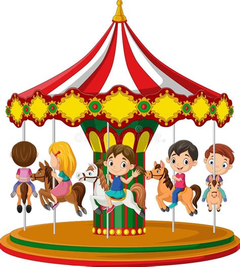 Dessin Animé Petits Enfants Sur Le Carrousel Avec Chevaux Illustration