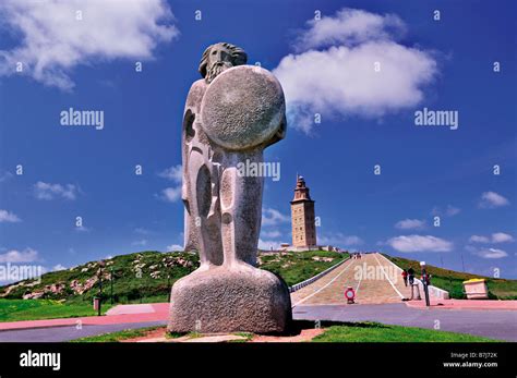 Statue of Breogán in the foreground and the roman Tower of Hercules in