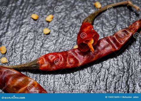 Dried Mexican Red Chile De Arbol Pepper on Black Natural Stone ...