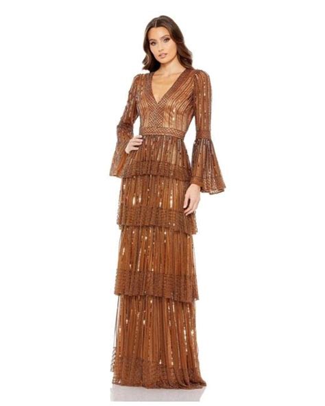 Mac Duggal Embellished Bell Sleeve Tiered Gown In Brown Lyst