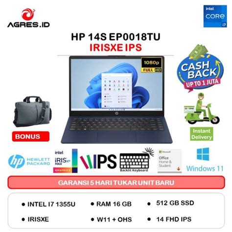 Jual HP 14S EP0018TU Intel I7 1355U 16GB 512SSD IRISXE W11 OHS 14 FHD