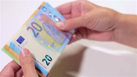 White Woman Counting Different Euro Banknotes Close Up Slow Motion