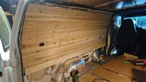 Chevy Astro Camper Van Build Cedar Plank Wall Installation Seeking