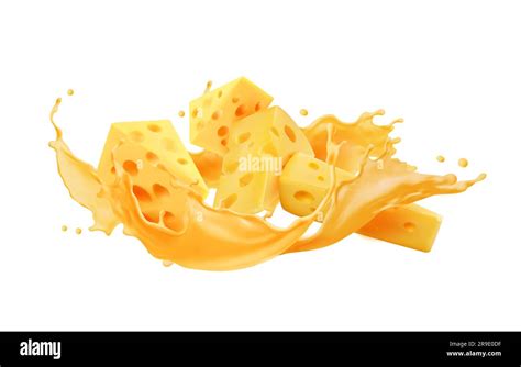 Drip And Melt Cheese With Splash Isolated 3d Vector Slices With Liquid