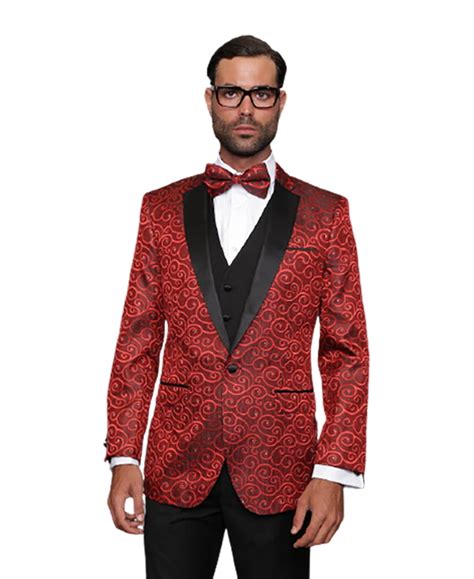 Bellagio Classic 3pc 1 Button Mens Red Suit With Trim On The Collar