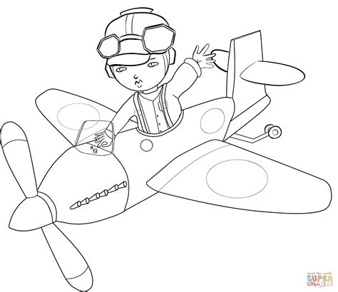 Dibujo de Avión de dibujos animados con niño piloto para colorear