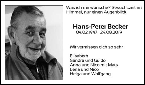 Traueranzeigen Von Hans Peter Becher Wirtrauern