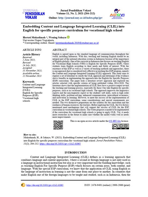 Mukadimah And Sahayu 2021 Indonesia Embedding Clil Into English For