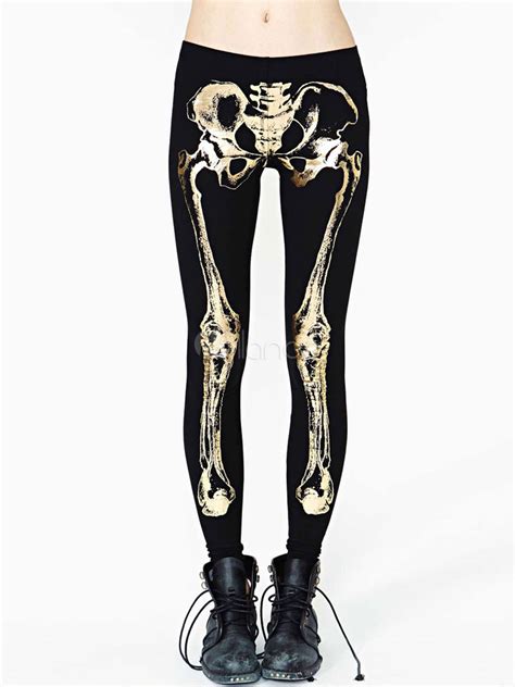 Halloween Black Leggings With Skeleton Print