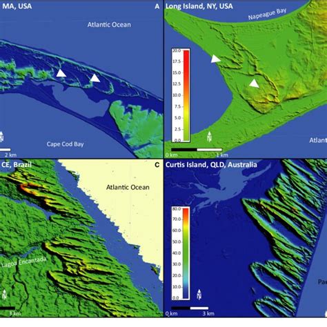 Four examples of the studied 95 parabolic dunes around the world. Note ...