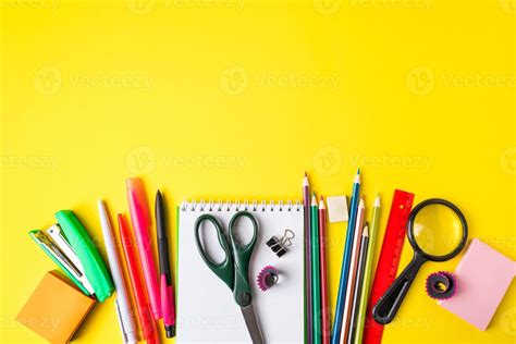 Flat Lay Of Stationery On Yellow Background Back To School Concept