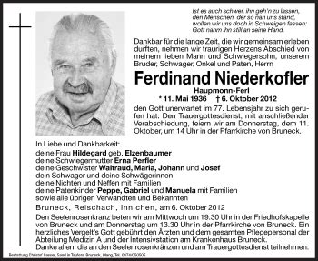 Traueranzeigen Von Ferdinand Niederkofler Trauer Bz