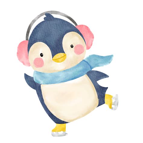 Watercolor Cute Penguin Wearing Over Ear Headphones And Scarf Playing