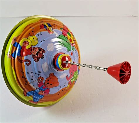 Vintage Lbz Hand Spinning Top Tin Litho Toy With Cartoon Etsy