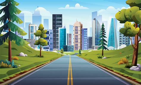 Road To City Landscape Illustration Nature Highway Through Meadow And