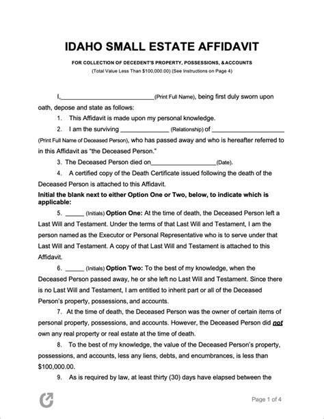 Free Idaho Small Estate Affidavit Form CAO Pb 01 PDF WORD RTF