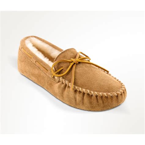 Minnetonka Moccasin Sheepskin Softsole Moccasin Slippers, Tan - 657752, Slippers at Sportsman's ...