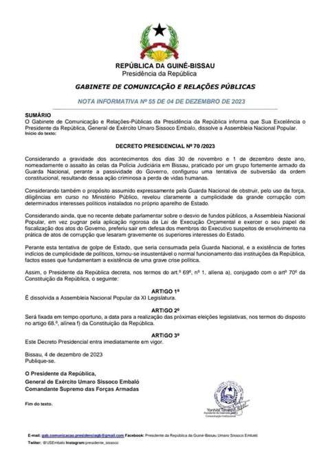 GUINÉE BISSAU LE PARLEMENT DISSOUS APRÈS LA TENTATIVE DE COUP D