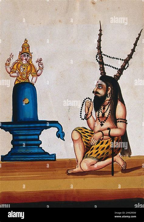 A Maharishi Praying To A Shiva Lingam Gouache Painting By An Indian