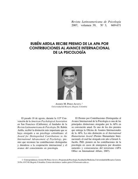 Pdf Rub N Ardila Recibe Premio De La Apa Por Contribuciones Al Avance