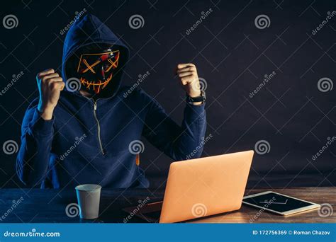 Happy Hacker Man Rised Hands Up After Successful Ending Of Hacking