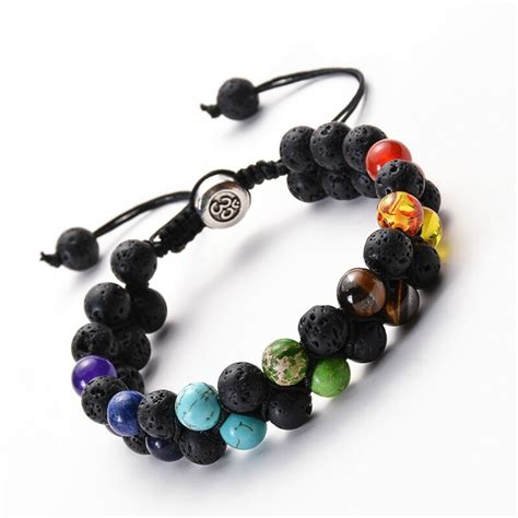 Natural Stone Lava Rock Double Row Chakra Charm Bracelet For Women Men