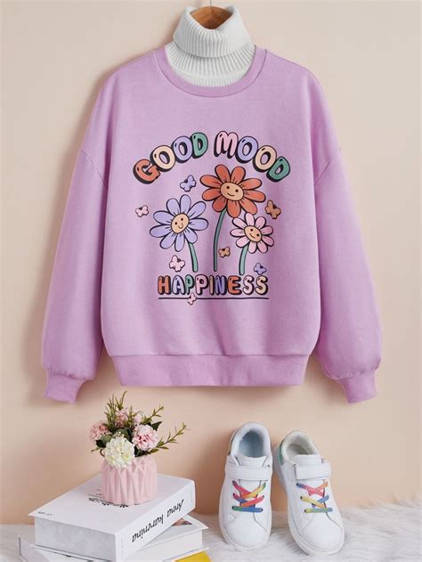 Gorotas Moletons Padr O De Flores E Letras Ombro Ca Do Ideias Fashion