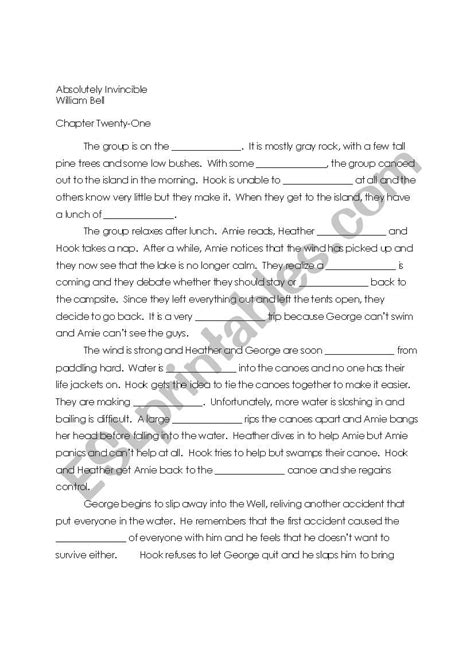 Absolutely Invincible Chapter Twenty One Cloze Activity Esl Worksheet